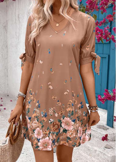 Dark Camel Zipper Floral Print Short Shift Dress