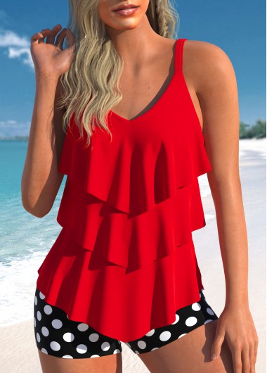 Handkerchief Hem Polka Dot Red Tankini Set