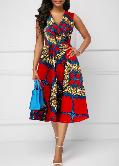 Red Zipper Tribal Print Sleeveless V Neck Dress