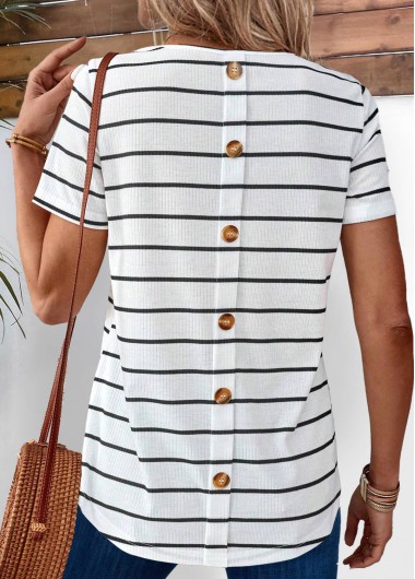 White Button Striped Short Sleeve Round Neck T Shirt