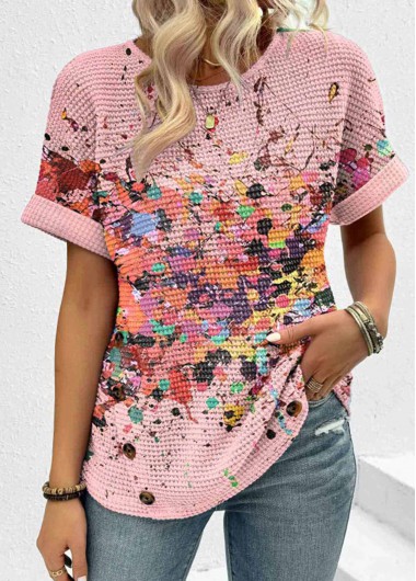 Pink Patchwork Dazzle Colorful Print Short Sleeve T Shirt