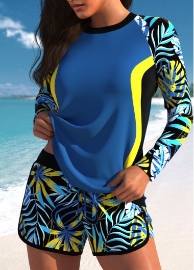 Contrast Binding Tropical Plants Print Dusty Blue Tankini Set