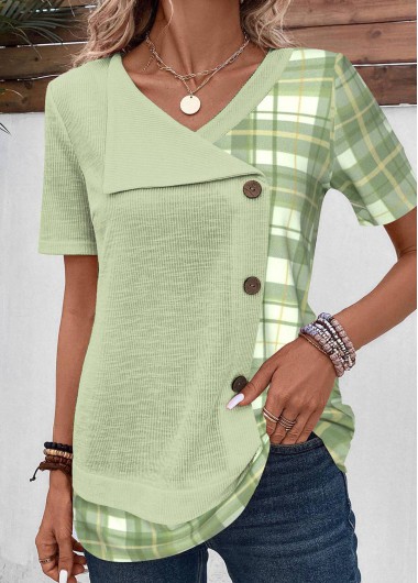 Light Green Patchwork Plaid Short Sleeve V Neck Blouse