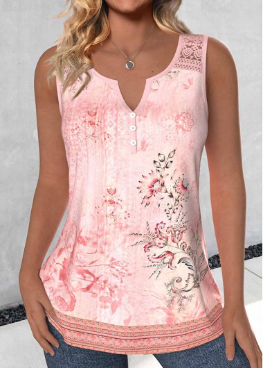 Light Pink Lace Tribal Print Sleeveless Tank Top