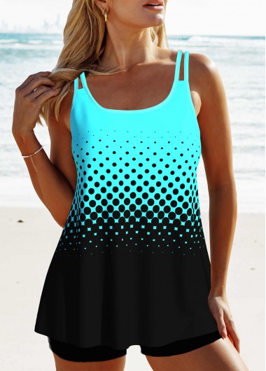 Patchwork Ombre Cyan Double Straps Tankini Top
