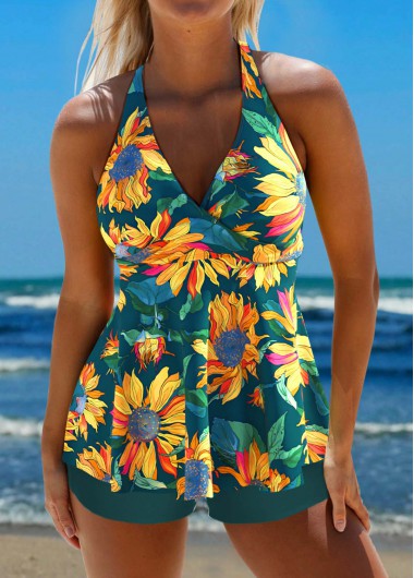 Criss Cross Floral Print Blackish Green Tankini Set