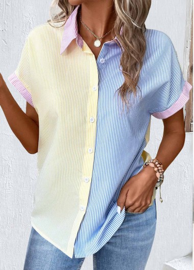 Light Yellow Patchwork Multi Stripe Print Short Sleeve Blouse