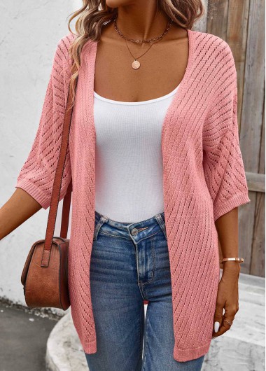 Dusty Pink Hollow Out 3/4 Sleeve Cardigan