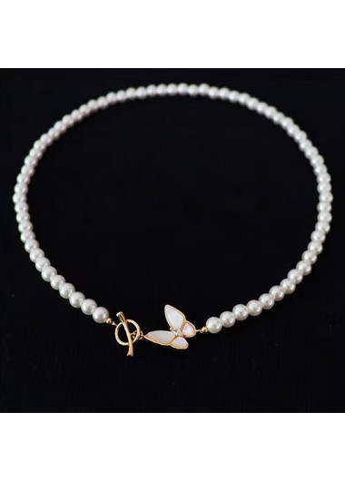 White Butterfly Design Beaded Pearl Necklace
